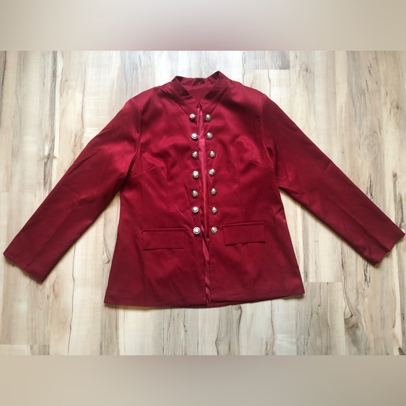 Jackets & Blazers - Womens Red Military-Style Button Blazer with Crown Gold Buttons Open Faced